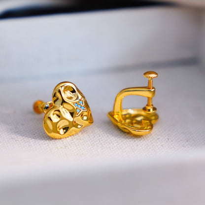Heart Shape Clip Earrings For Women In Simple Style, Copper With 18K Real Gold Electroplated And Turquoise Inlay