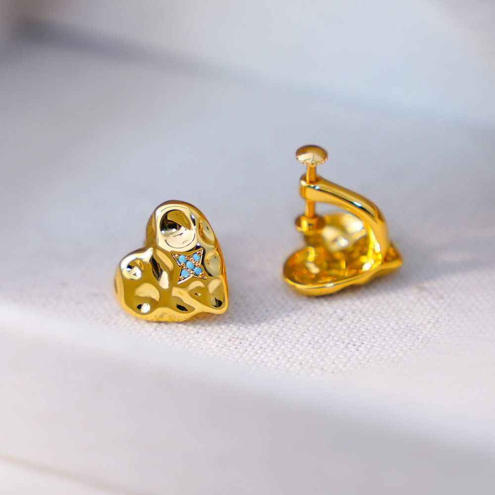 Heart Shape Clip Earrings For Women In Simple Style, Copper With 18K Real Gold Electroplated And Turquoise Inlay