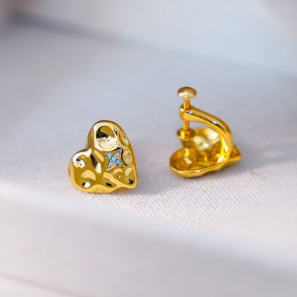 Heart Shape Clip Earrings For Women In Simple Style, Copper With 18K Real Gold Electroplated And Turquoise Inlay
