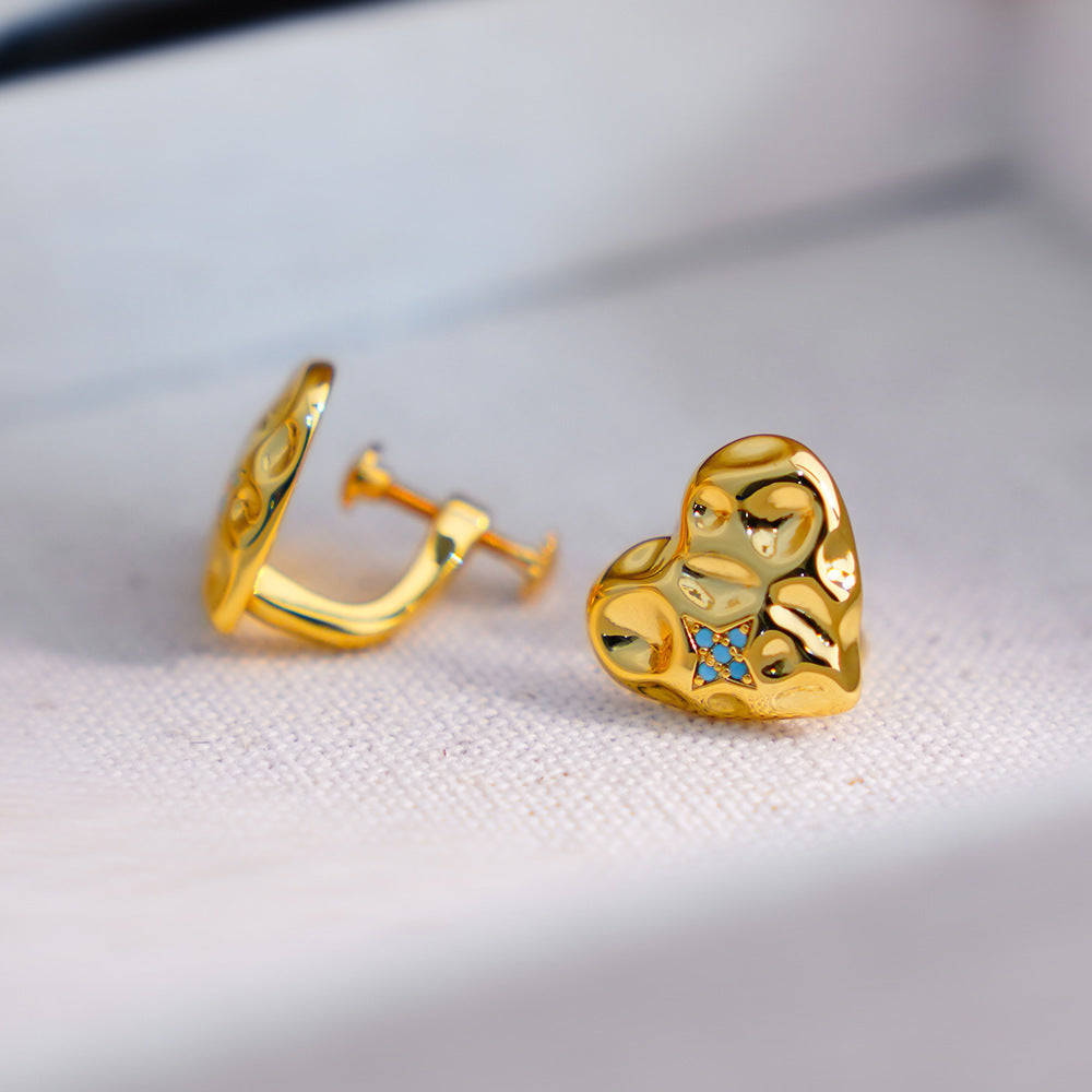 Heart Shape Clip Earrings For Women In Simple Style, Copper With 18K Real Gold Electroplated And Turquoise Inlay