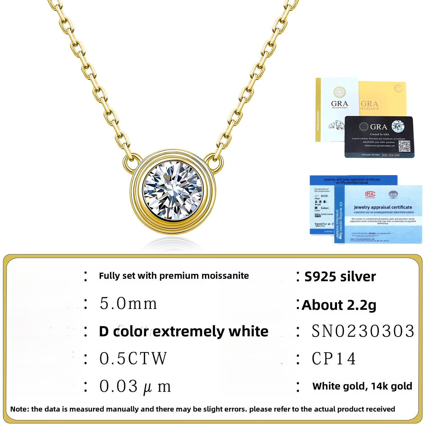 Hip-Hop Unisex Necklace With 0.5ct Round Brilliant Cut Moissanite In 925 Sterling Silver, GRA Certified