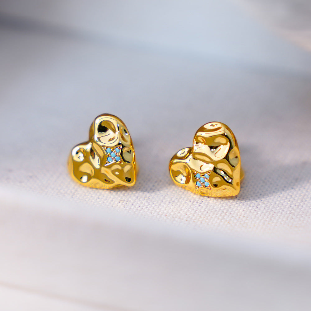 Heart Shape Clip Earrings For Women In Simple Style, Copper With 18K Real Gold Electroplated And Turquoise Inlay