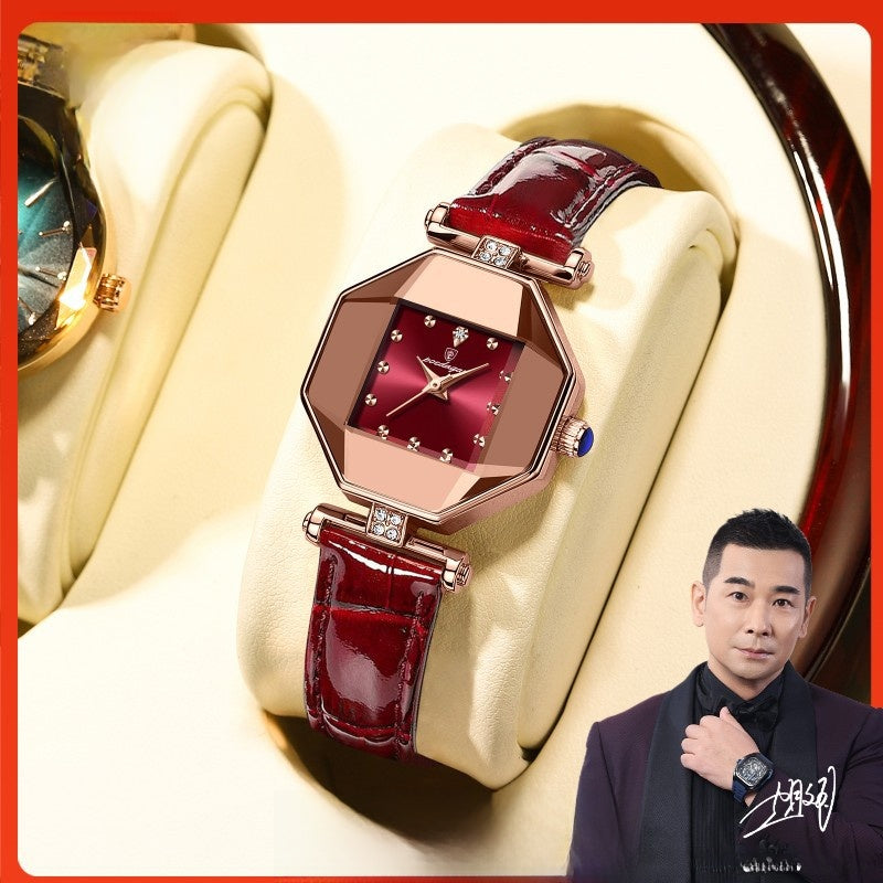 Women’s Quartz Watch With Rhombus Dial Featuring Tempered Glass And Genuine Leather Strap With Pin Buckle