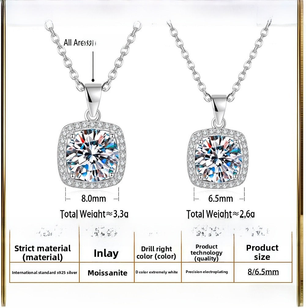 Square 925 Sterling Silver Pendant With Moissanite Inlay, Simple Style Chain For Women
