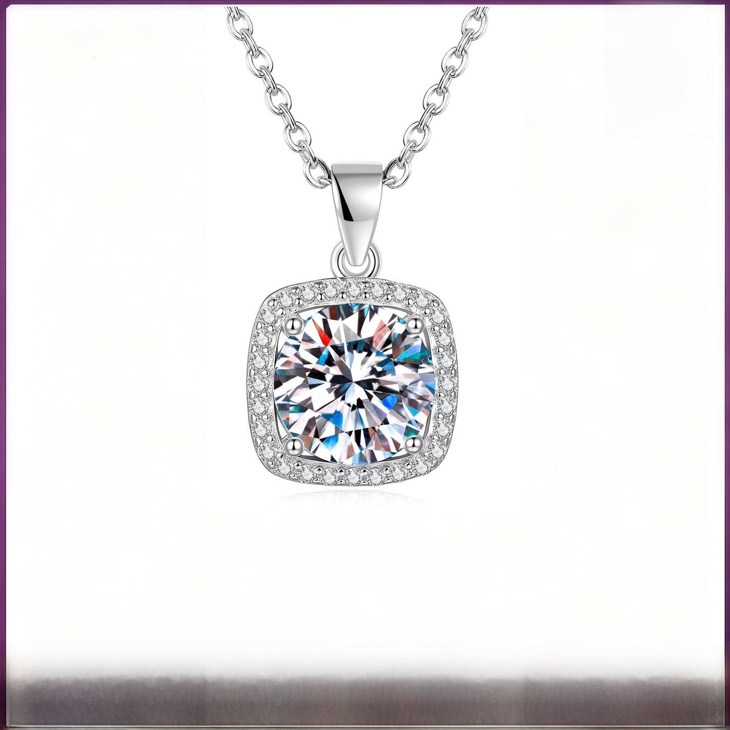 Square 925 Sterling Silver Pendant With Moissanite Inlay, Simple Style Chain For Women