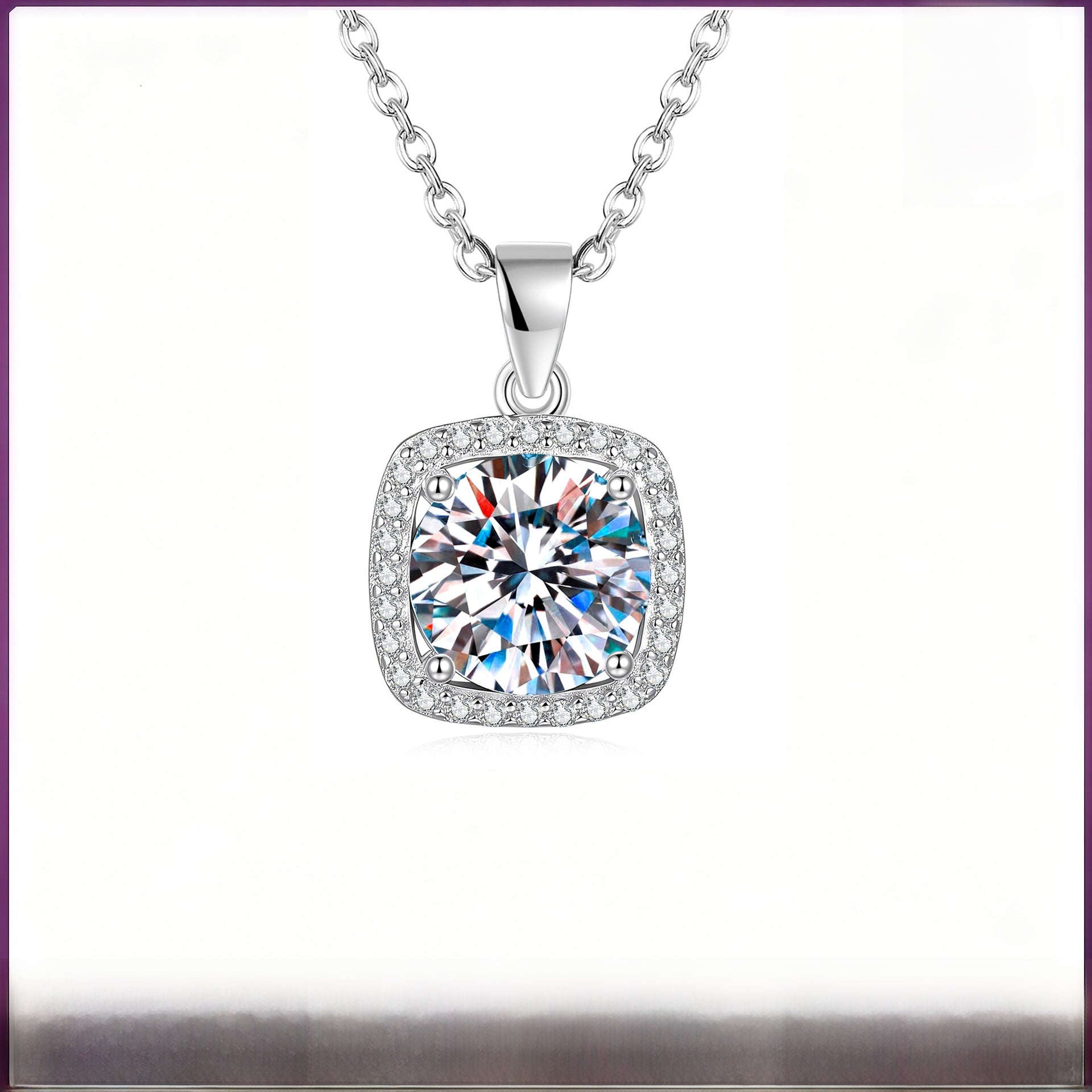 Square 925 Sterling Silver Pendant With Moissanite Inlay, Simple Style Chain For Women