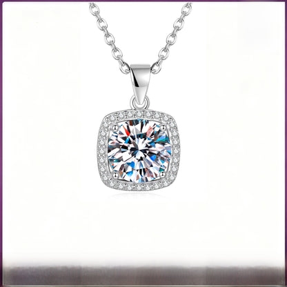 Square 925 Sterling Silver Pendant With Moissanite Inlay, Simple Style Chain For Women