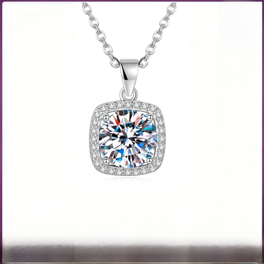 Square 925 Sterling Silver Pendant With Moissanite Inlay, Simple Style Chain For Women