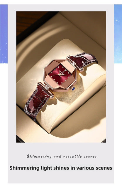 Women’s Quartz Watch With Rhombus Dial Featuring Tempered Glass And Genuine Leather Strap With Pin Buckle