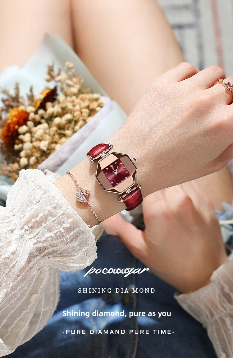 Women’s Quartz Watch With Rhombus Dial Featuring Tempered Glass And Genuine Leather Strap With Pin Buckle