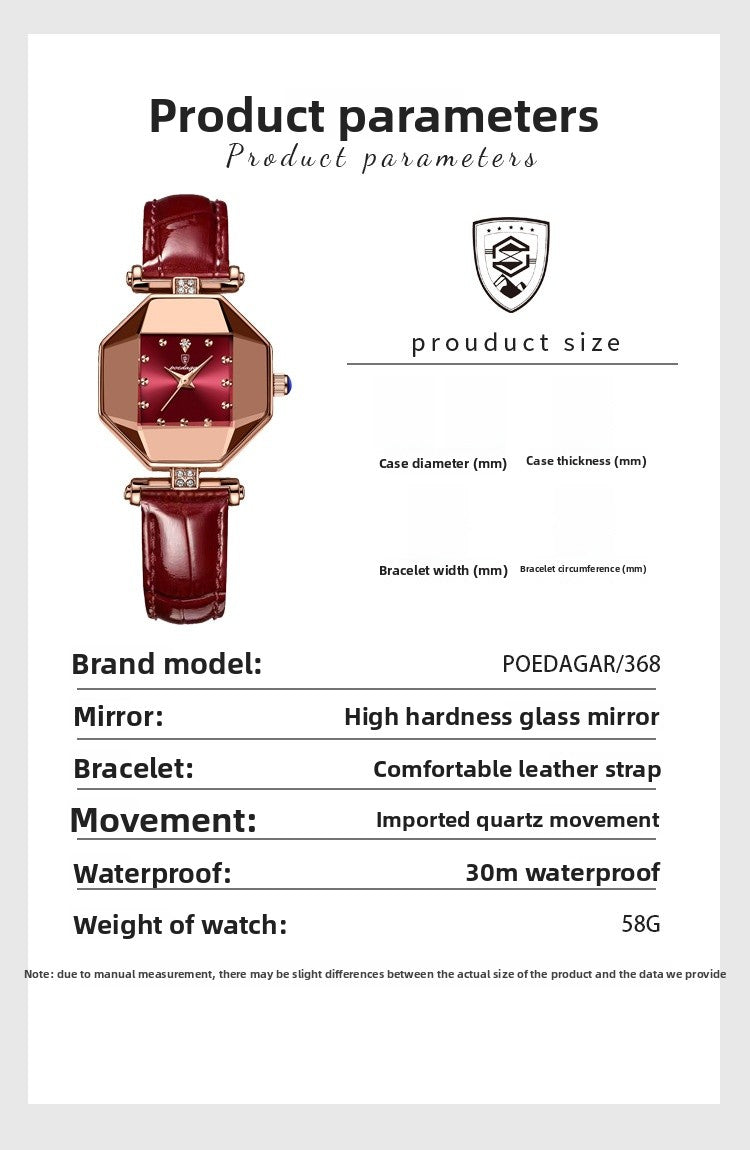 Women’s Quartz Watch With Rhombus Dial Featuring Tempered Glass And Genuine Leather Strap With Pin Buckle
