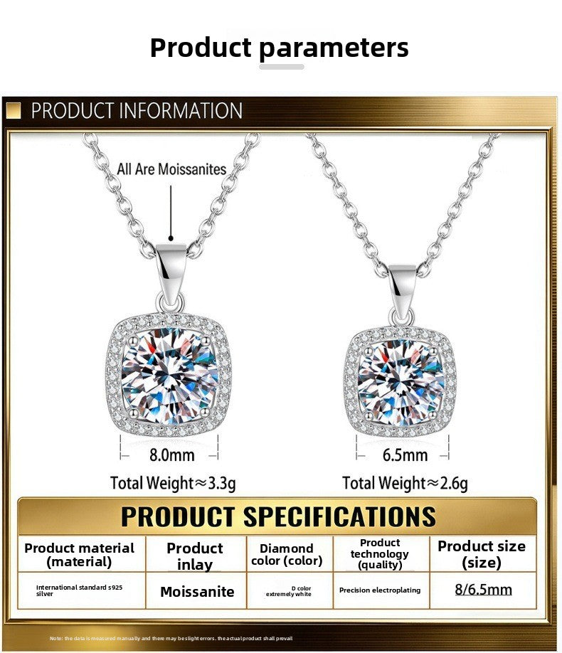 Square 925 Sterling Silver Pendant With Moissanite Inlay, Simple Style Chain For Women