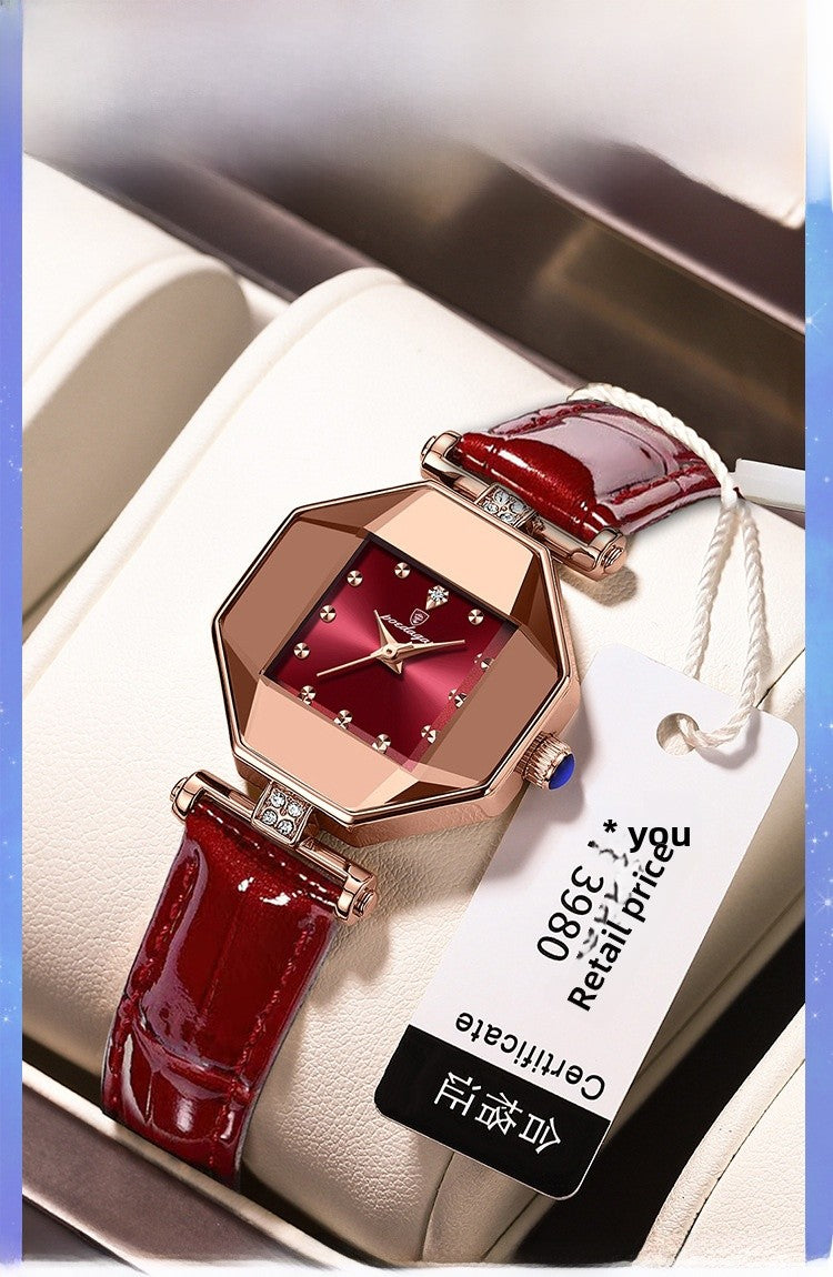 Women’s Quartz Watch With Rhombus Dial Featuring Tempered Glass And Genuine Leather Strap With Pin Buckle