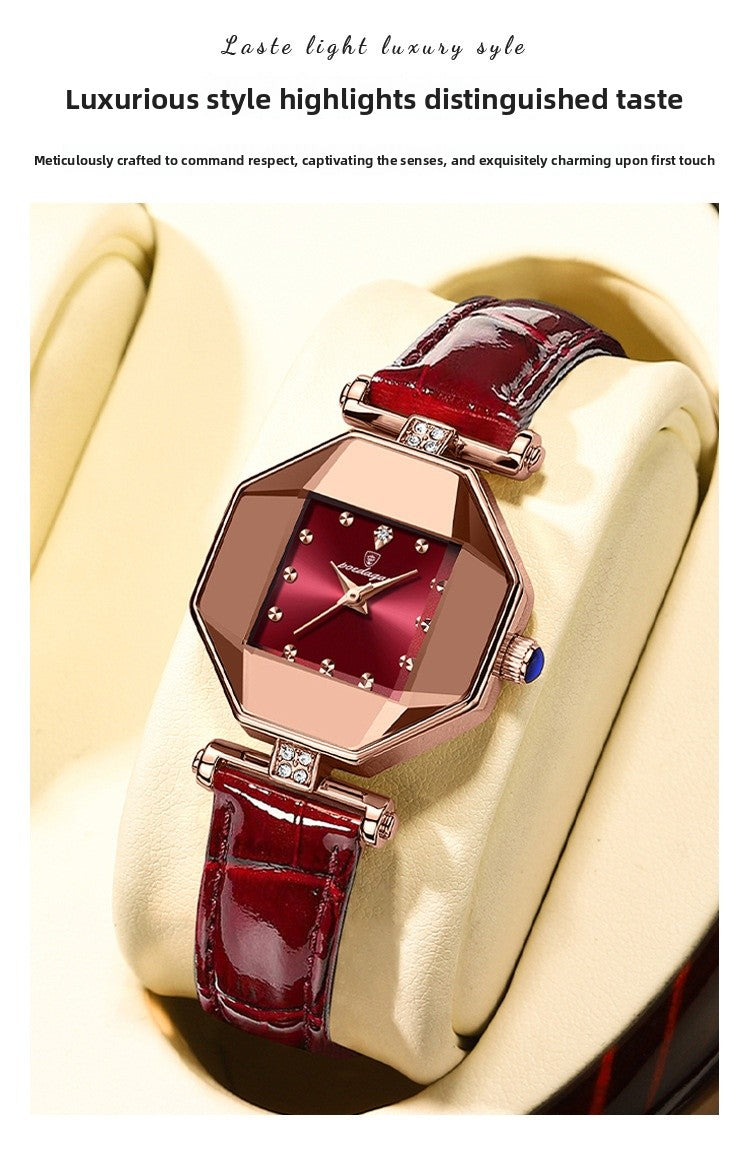 Women’s Quartz Watch With Rhombus Dial Featuring Tempered Glass And Genuine Leather Strap With Pin Buckle