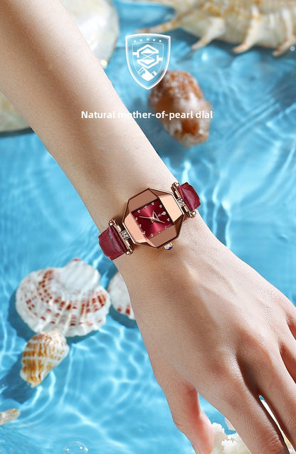 Women’s Quartz Watch With Rhombus Dial Featuring Tempered Glass And Genuine Leather Strap With Pin Buckle