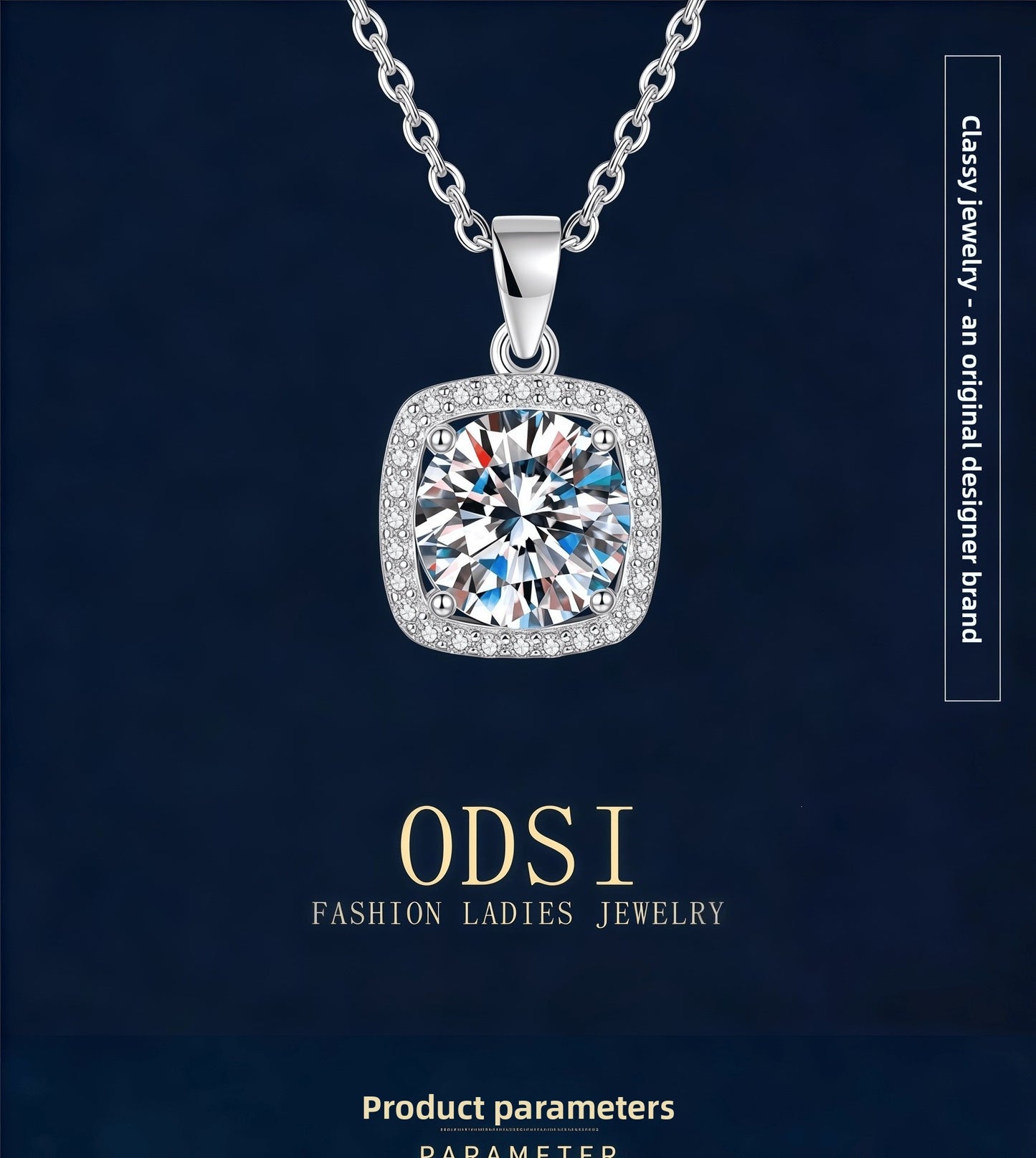 Square 925 Sterling Silver Pendant With Moissanite Inlay, Simple Style Chain For Women