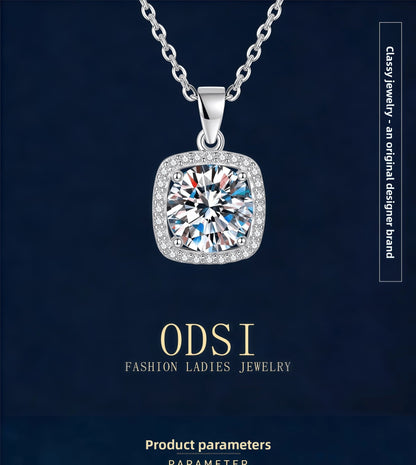 Square 925 Sterling Silver Pendant With Moissanite Inlay, Simple Style Chain For Women