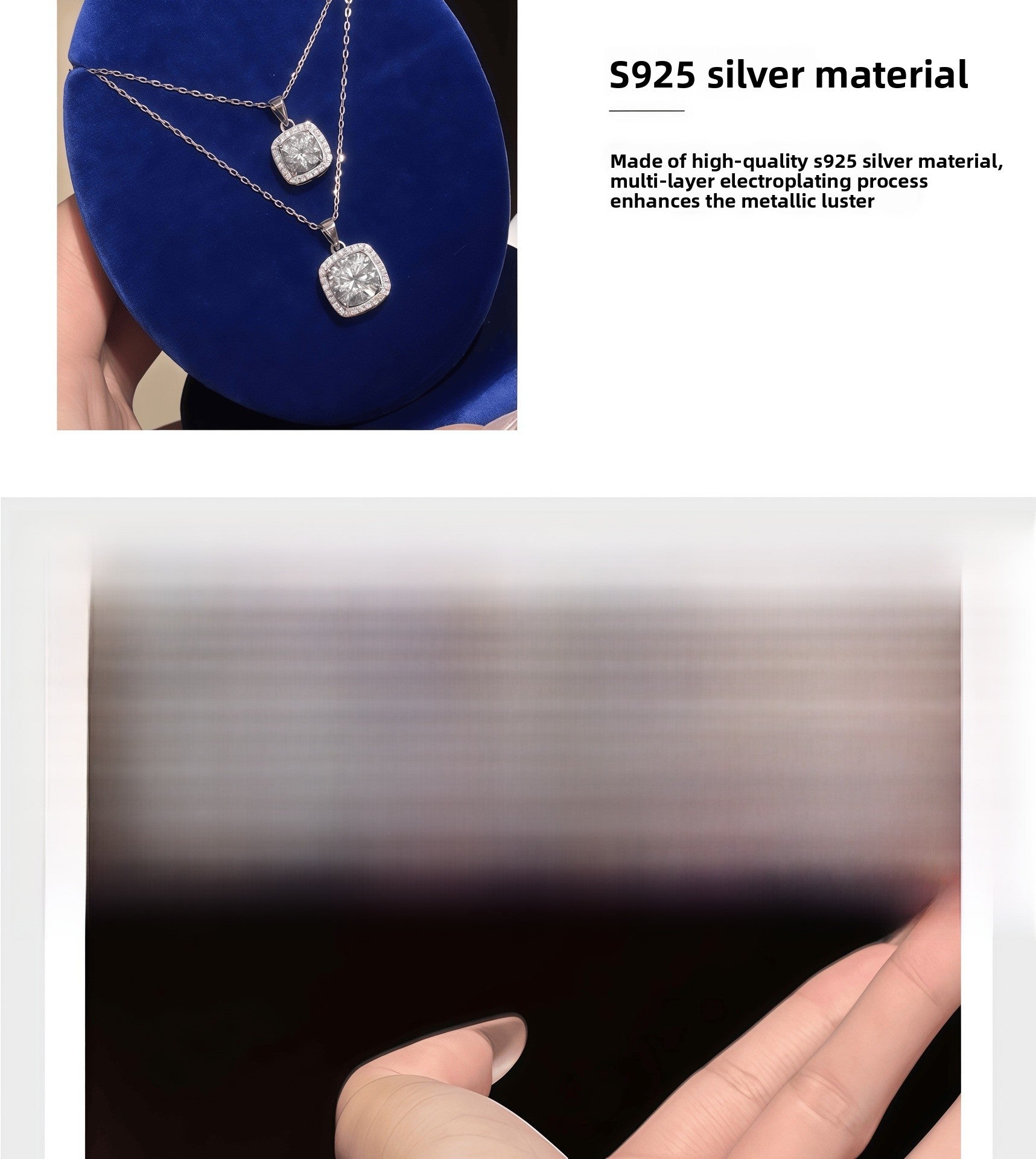 Square 925 Sterling Silver Pendant With Moissanite Inlay, Simple Style Chain For Women