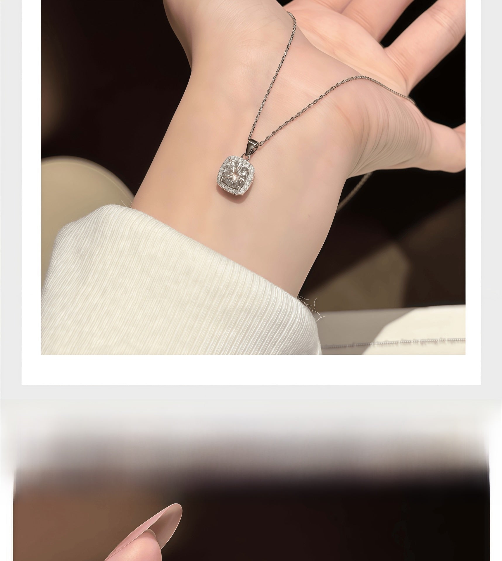 Square 925 Sterling Silver Pendant With Moissanite Inlay, Simple Style Chain For Women