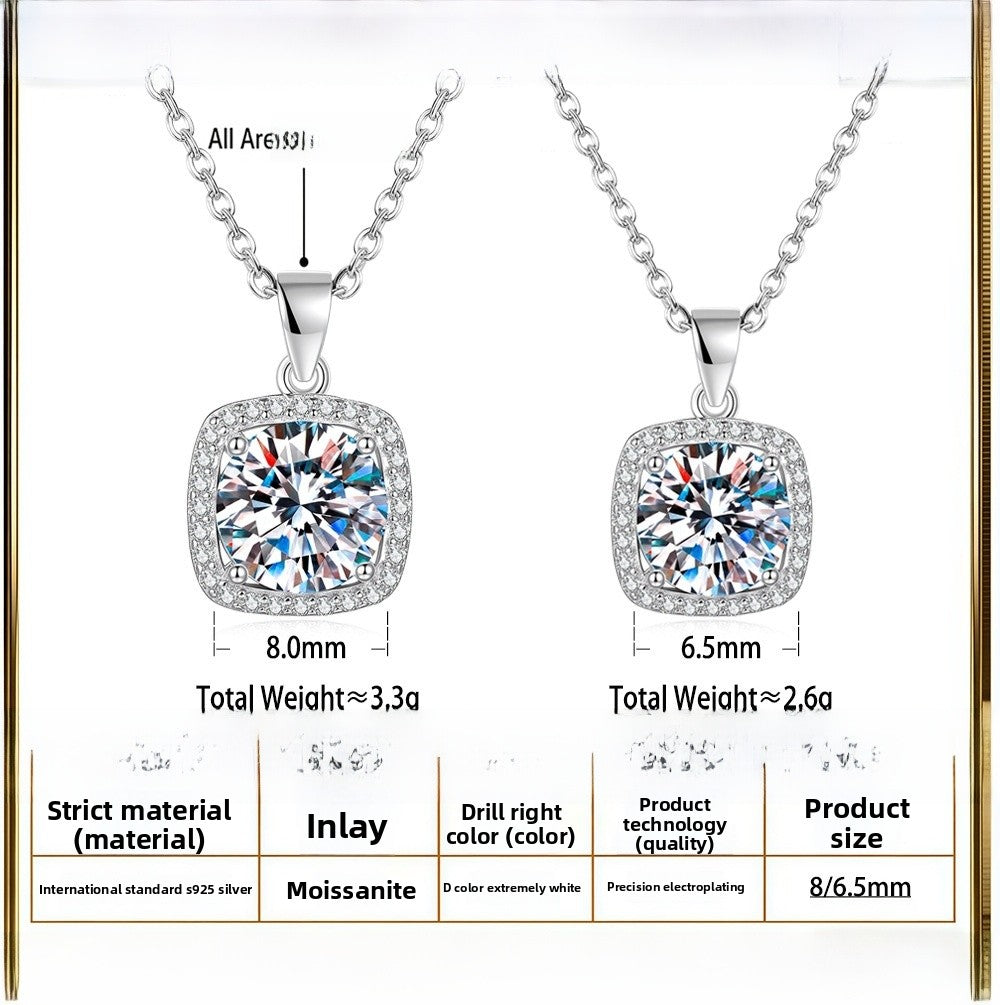 Square 925 Sterling Silver Pendant With Moissanite Inlay, Simple Style Chain For Women