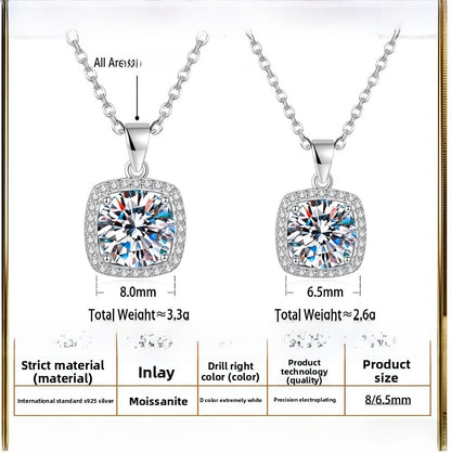 Square 925 Sterling Silver Pendant With Moissanite Inlay, Simple Style Chain For Women