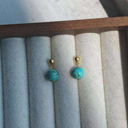 Cute Geometric Stud Earrings For Women In Gold Copper With Turquoise Inlay Featuring Beading Craft