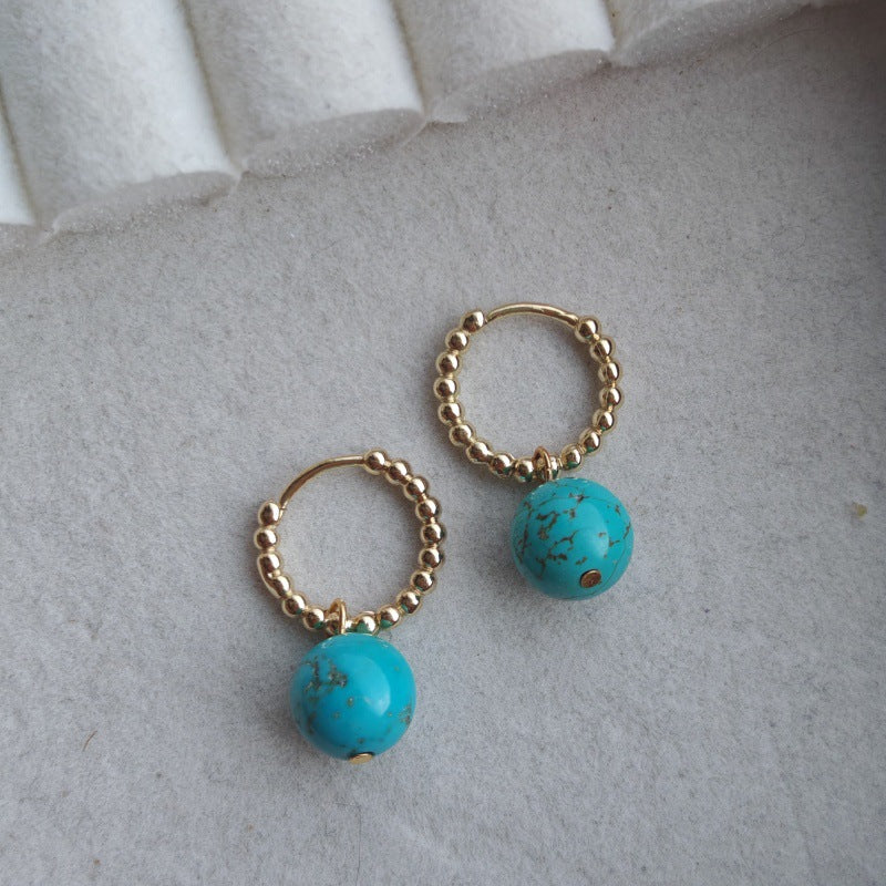 Cute Geometric Stud Earrings For Women In Gold Copper With Turquoise Inlay Featuring Beading Craft