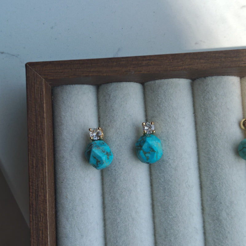 Cute Geometric Stud Earrings For Women In Gold Copper With Turquoise Inlay Featuring Beading Craft