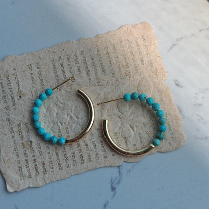 Cute Geometric Stud Earrings For Women In Gold Copper With Turquoise Inlay Featuring Beading Craft