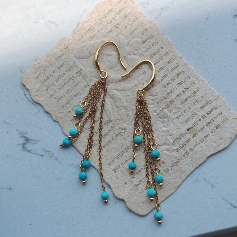 Cute Geometric Stud Earrings For Women In Gold Copper With Turquoise Inlay Featuring Beading Craft