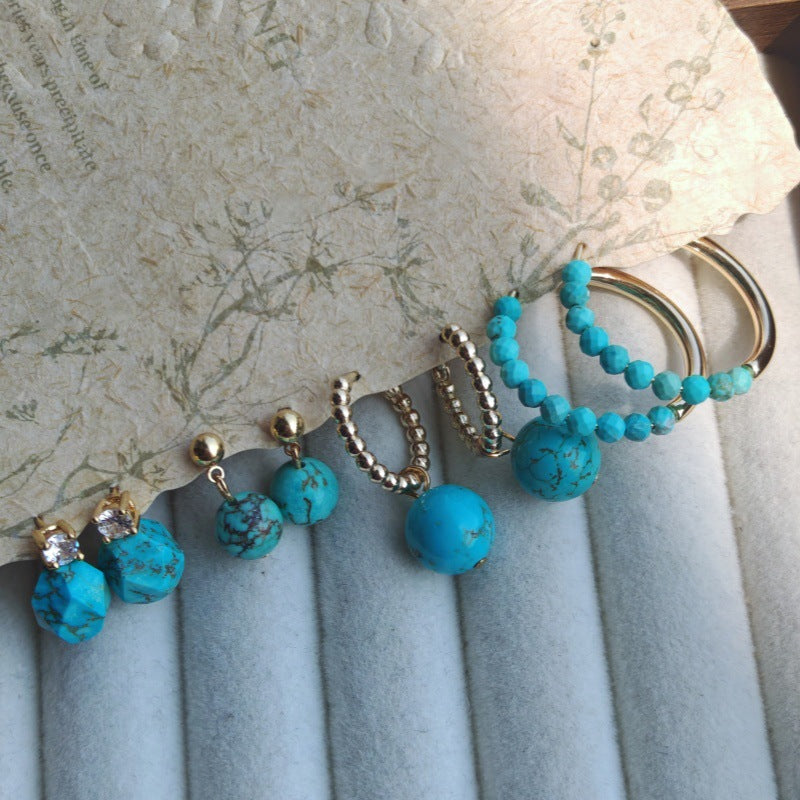 Cute Geometric Stud Earrings For Women In Gold Copper With Turquoise Inlay Featuring Beading Craft