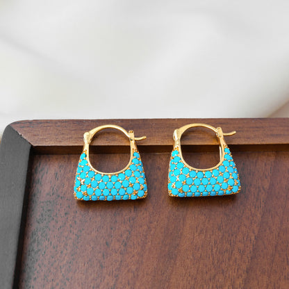 Elegant Geometric Copper Clip Earrings For Women With Turquoise Inlay In Gold