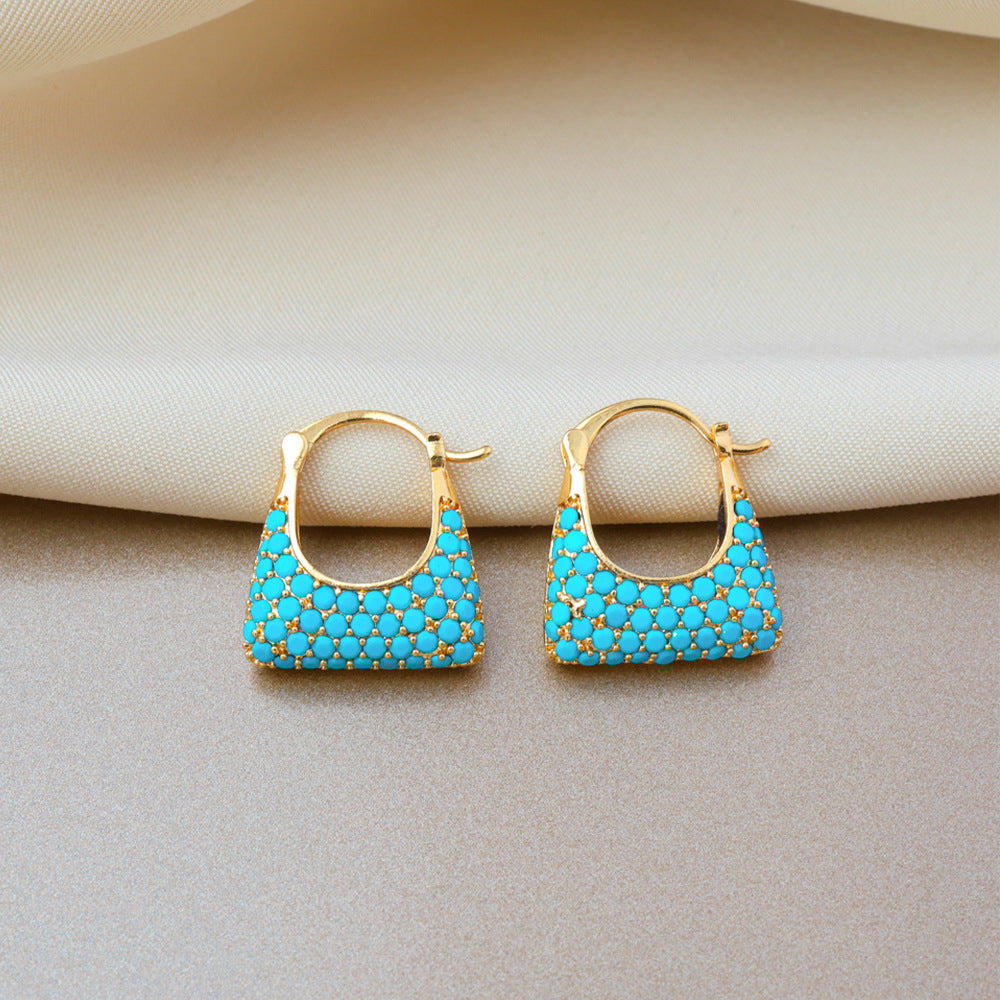 Elegant Geometric Copper Clip Earrings For Women With Turquoise Inlay In Gold