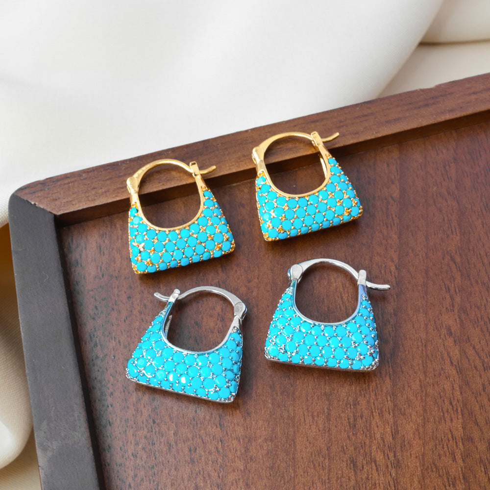 Elegant Geometric Copper Clip Earrings For Women With Turquoise Inlay In Gold