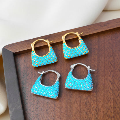 Elegant Geometric Copper Clip Earrings For Women With Turquoise Inlay In Gold
