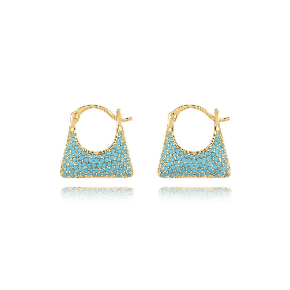 Elegant Geometric Copper Clip Earrings For Women With Turquoise Inlay In Gold