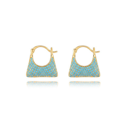 Elegant Geometric Copper Clip Earrings For Women With Turquoise Inlay In Gold
