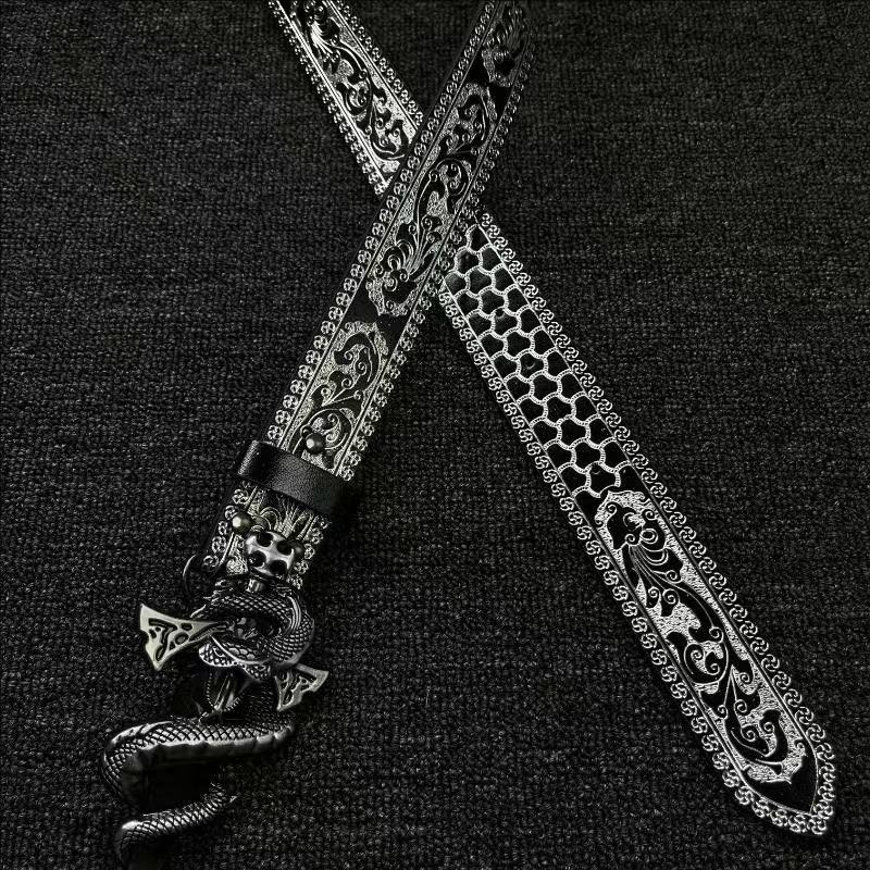 Unisex Punk Snake Pattern Belt With Zinc Alloy Embossed Buckle And Synthetic Fibre Embossing Surface Finish