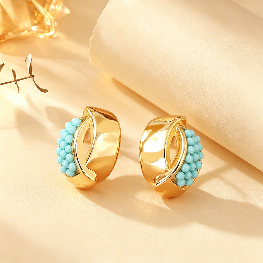 Round Twist Stud Earrings For Women In Light Blue Featuring Copper And 925 Sterling Silver With Seed Bead Inlay