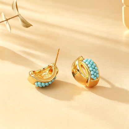 Round Twist Stud Earrings For Women In Light Blue Featuring Copper And 925 Sterling Silver With Seed Bead Inlay