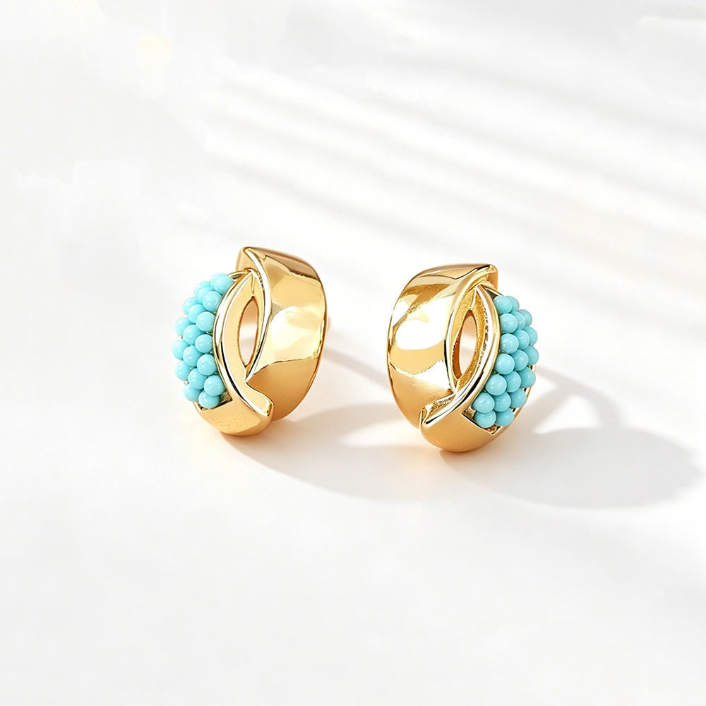 Round Twist Stud Earrings For Women In Light Blue Featuring Copper And 925 Sterling Silver With Seed Bead Inlay