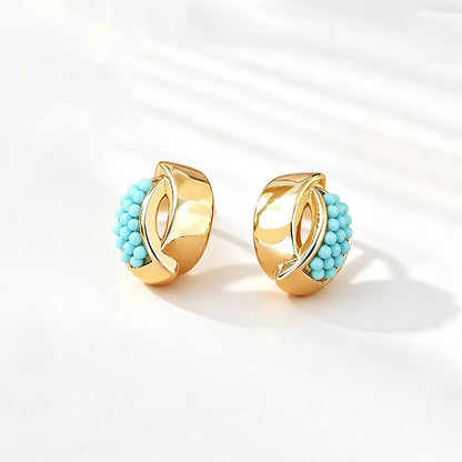Round Twist Stud Earrings For Women In Light Blue Featuring Copper And 925 Sterling Silver With Seed Bead Inlay