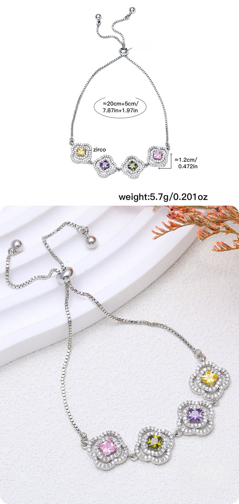 Luxurious Flowers Bracelet For Women With Electroplated Copper And Zircon Inlay, Featuring Adjustable Slider Chain