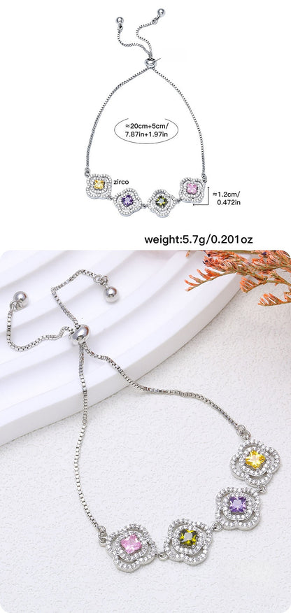 Luxurious Flowers Bracelet For Women With Electroplated Copper And Zircon Inlay, Featuring Adjustable Slider Chain