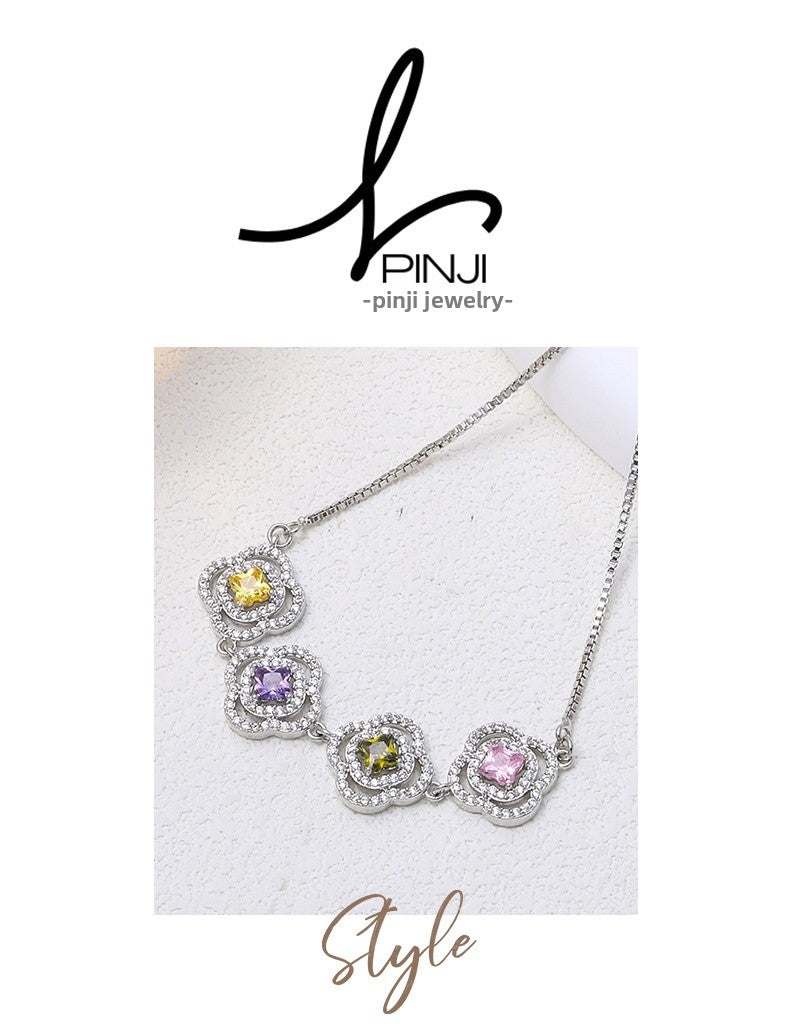 Luxurious Flowers Bracelet For Women With Electroplated Copper And Zircon Inlay, Featuring Adjustable Slider Chain