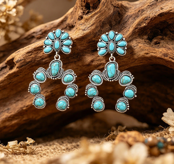 Ethnic Style Pumpkin Drop Earrings In Silver Featuring Alloy And Zinc Alloy Ear Pins With Turquoise Inlay