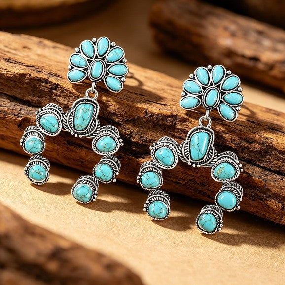 Ethnic Style Pumpkin Drop Earrings In Silver Featuring Alloy And Zinc Alloy Ear Pins With Turquoise Inlay