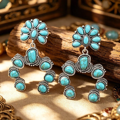 Ethnic Style Pumpkin Drop Earrings In Silver Featuring Alloy And Zinc Alloy Ear Pins With Turquoise Inlay