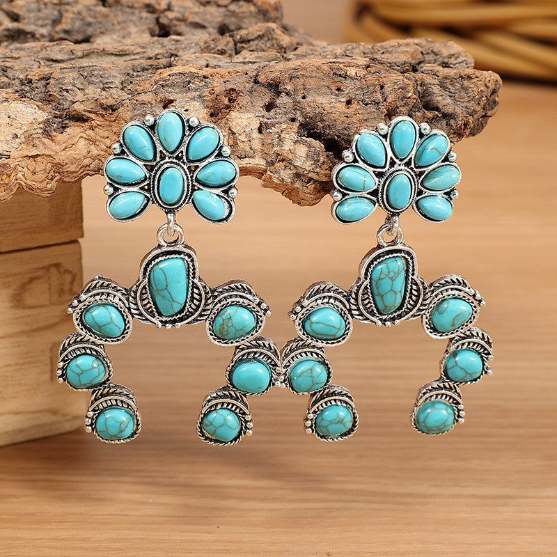 Ethnic Style Pumpkin Drop Earrings In Silver Featuring Alloy And Zinc Alloy Ear Pins With Turquoise Inlay