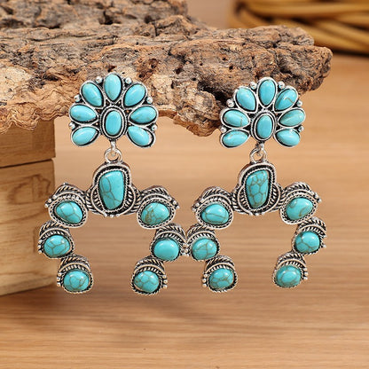 Ethnic Style Pumpkin Drop Earrings In Silver Featuring Alloy And Zinc Alloy Ear Pins With Turquoise Inlay